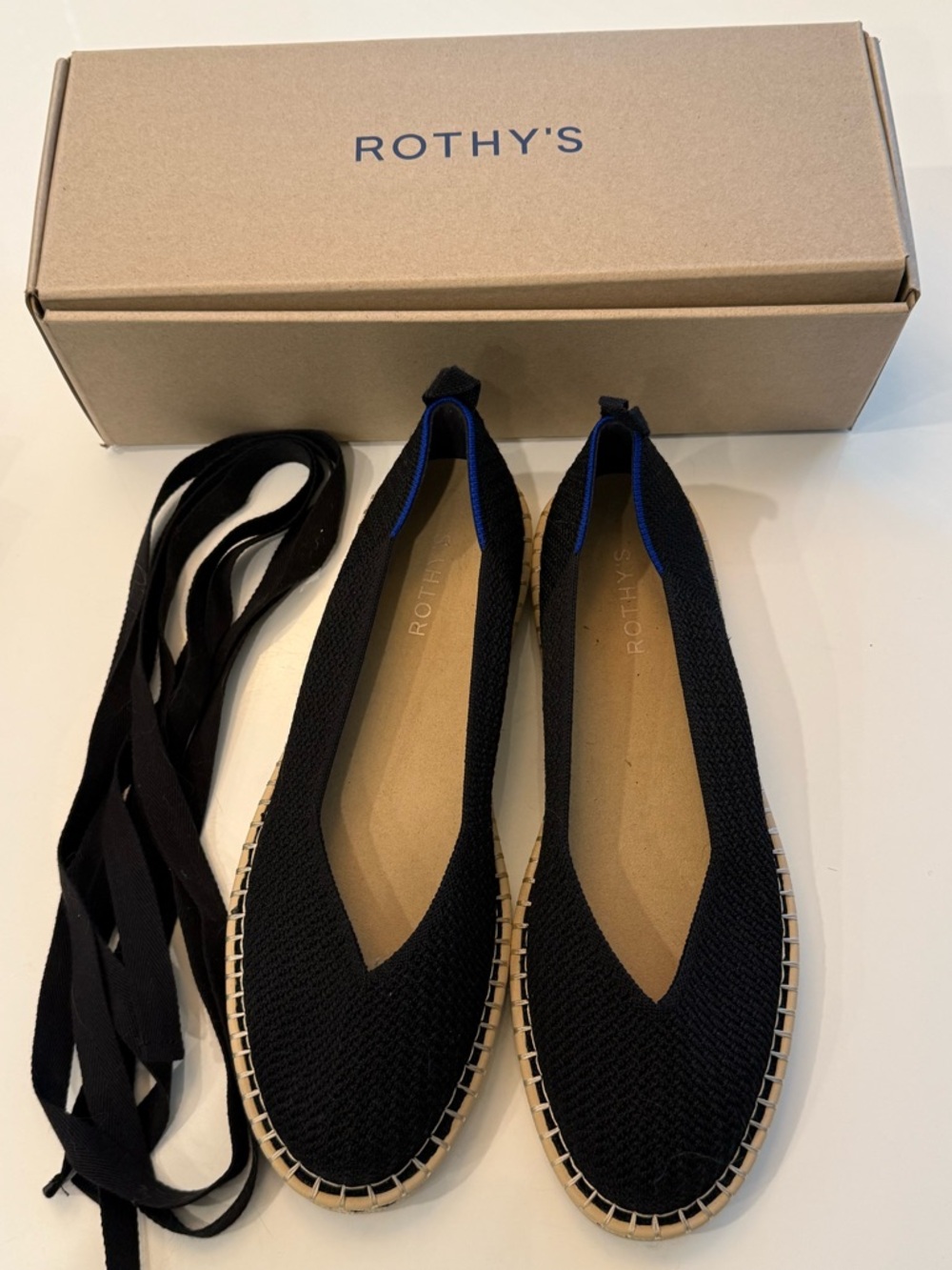 Rothy's Black Espadrille Flats with Tan Trim